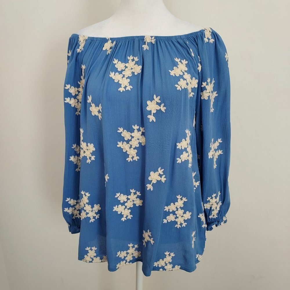 Soft Surroundings Avignon Floral Embroidered Blue Top
